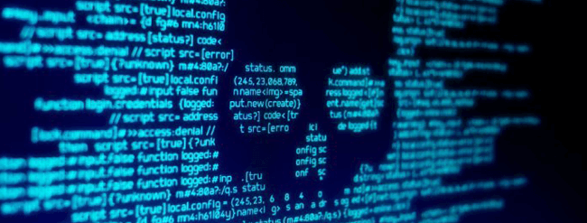 Screen of code showing a silhouette of a skull.