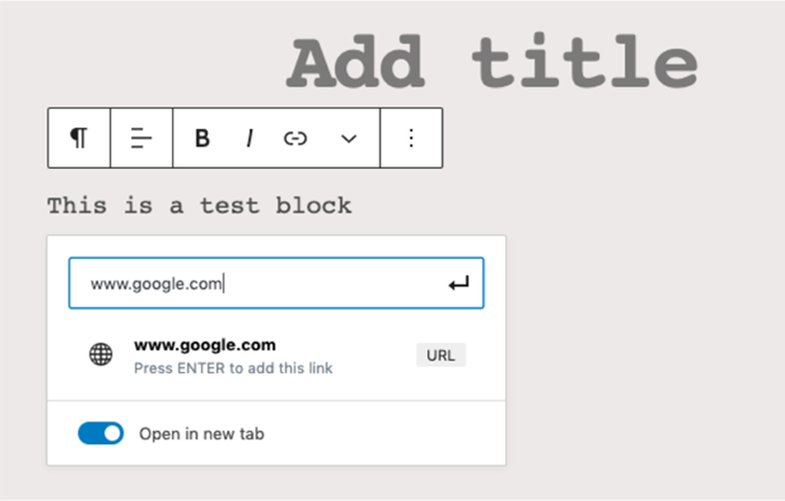 Screenshot of Wordpress interface showing text getting link assigned