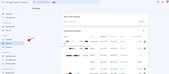 Screenshot of Google Search Console's Sitemaps section