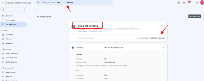 Screenshot of Google Search Console URL checker