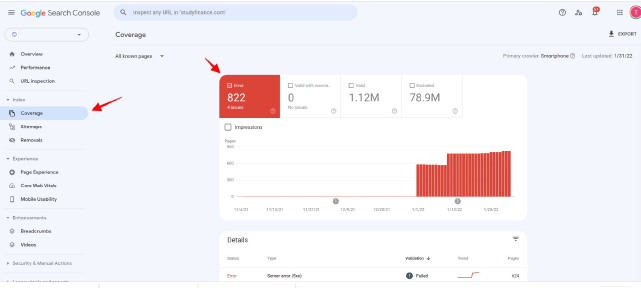 Screenshot of Google Search Console Coverage section