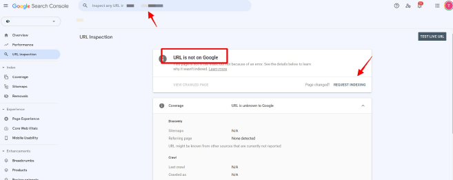 Screenshot of Google Search Console inspect URL feature
