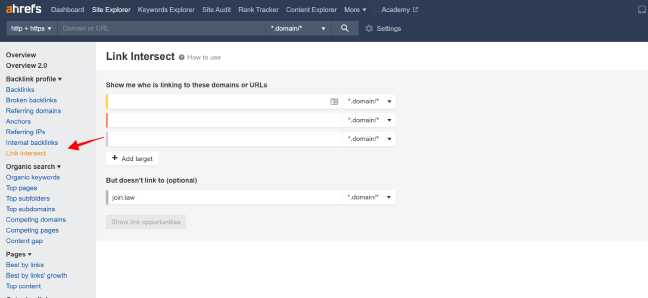 Screenshot of Ahref's Link Analysis interface