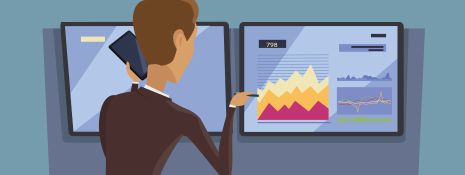 Illustration of person reviewing analytic charts and conversing on phone call