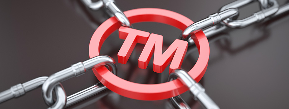 Concept of trademark logo chained down by four chains